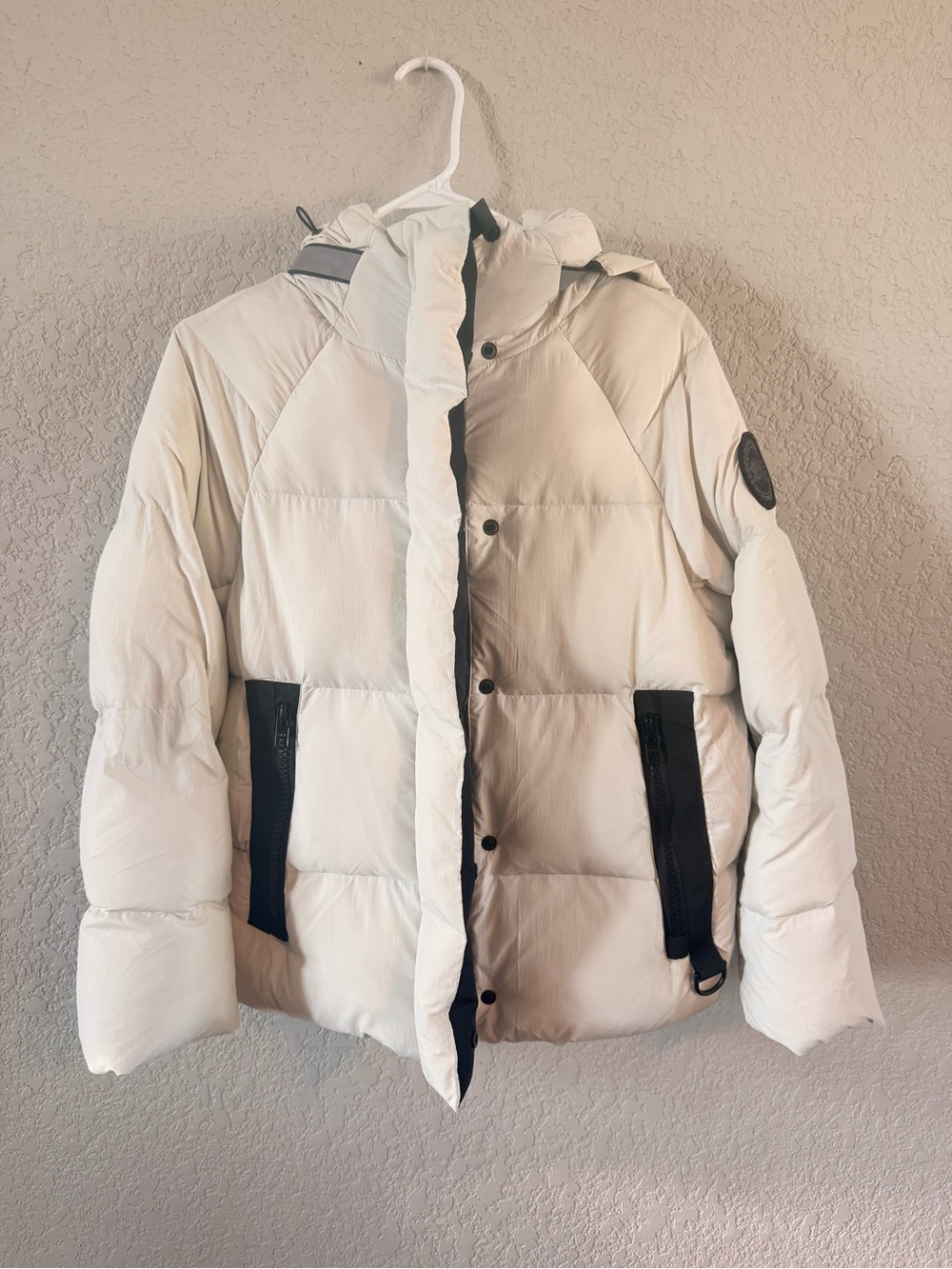 Canada Goose Off-White Hooded Puffer Jacket with Black Accents